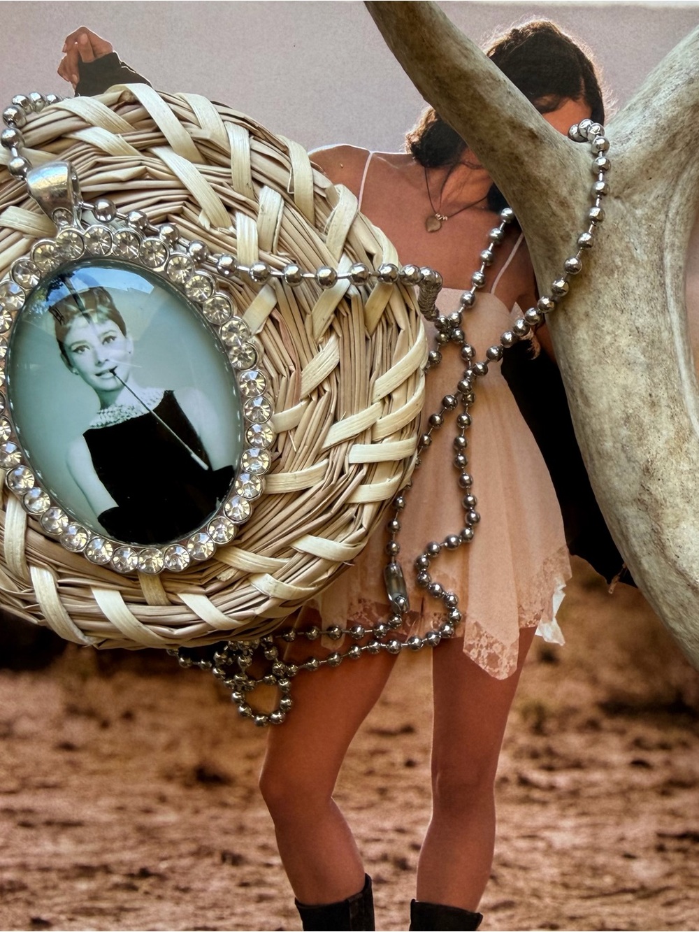 Vintage-Style Audrey Hepburn Rhinestone Cameo Pendant Necklace, Silver Chain